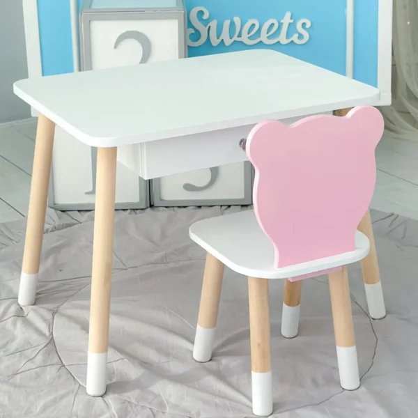 столик білий і стільчик ведмедик рожево-білий. Столик із шухлядою для олівців і розмальовок