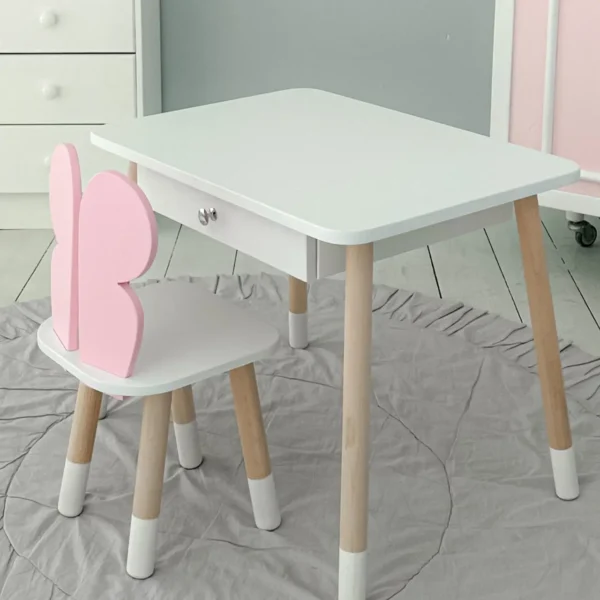 Дитячий білий столик з шухлядою і стільчик метелик рожевий