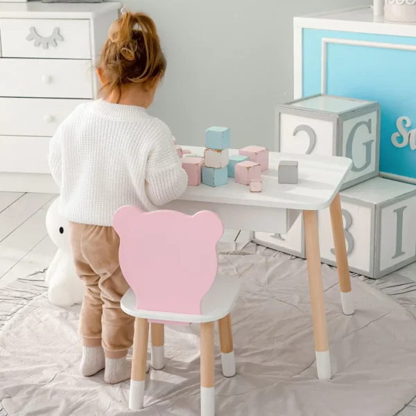 Дитячий столик білий і стільчик ведмедик рожево-білий. Столик із шухлядою