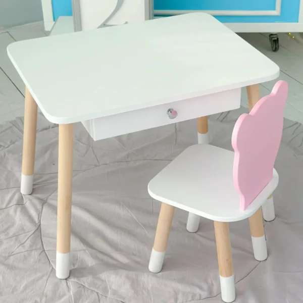 Дитячий столик білий і стільчик ведмедик рожево-білий. Столик із шухлядою для олівців і розмальовок 2