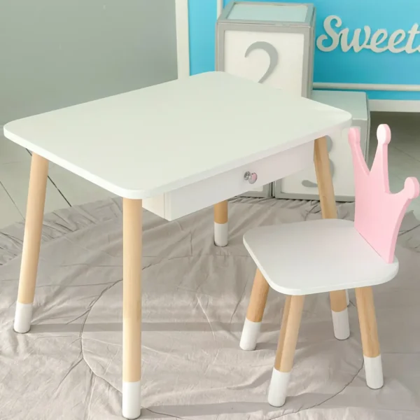 6Дитячий столик білий і стільчик корона біло-рожевий. Столик із шухлядою для олівців і розмальовок 56787