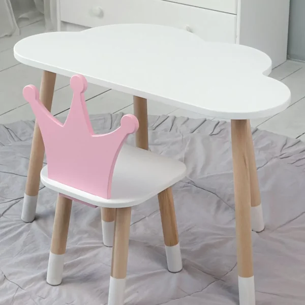 Дитячий стіл білий хмарка і стільчик корона дитячий рожевий. Дитячий білосніжний столик1
