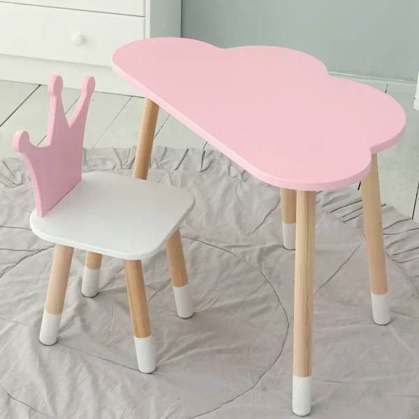 Стіл хмарка і стільчик рожевий корона з білим сидінням. Столик для занять, ігор, їжі,5