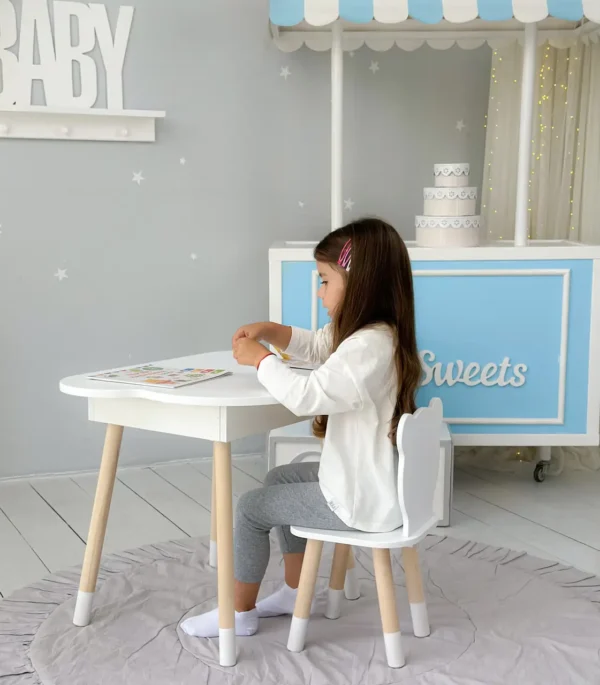 Новинка! Дитячий білий столик хмаринка з нішею і стільчик ведмедик білий 65480(1)