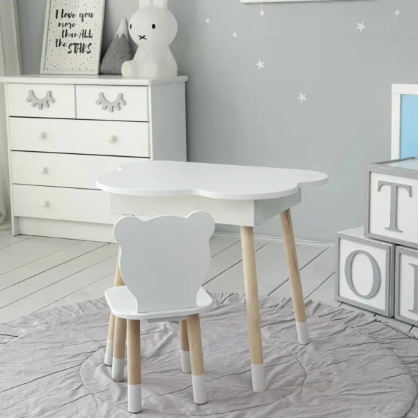 Новинка! Дитячий білий столик хмаринка з нішею і стільчик ведмедик білий 65480(2)
