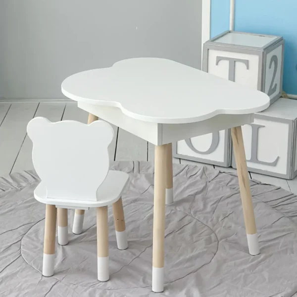 Новинка! Дитячий білий столик хмаринка з нішею і стільчик ведмедик білий 65480(3)