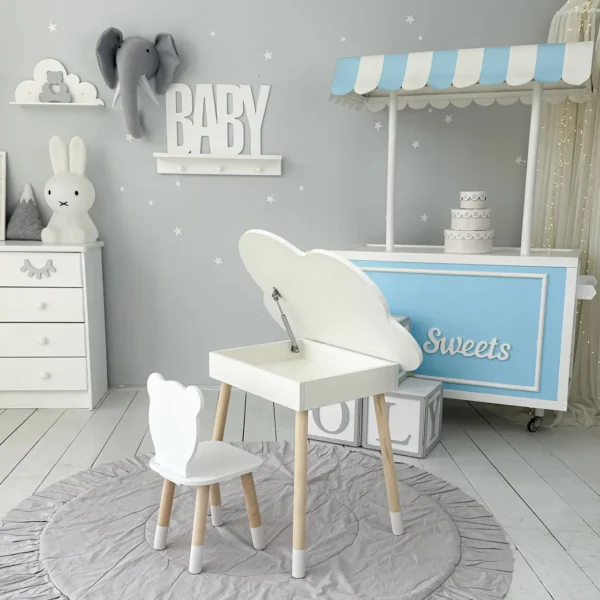 Новинка! Дитячий білий столик хмаринка з нішею і стільчик ведмедик білий 65480(4)