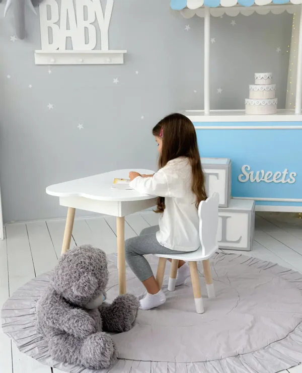 Новинка! Дитячий білий столик хмаринка з нішею і стільчик ведмедик білий 65480(5)
