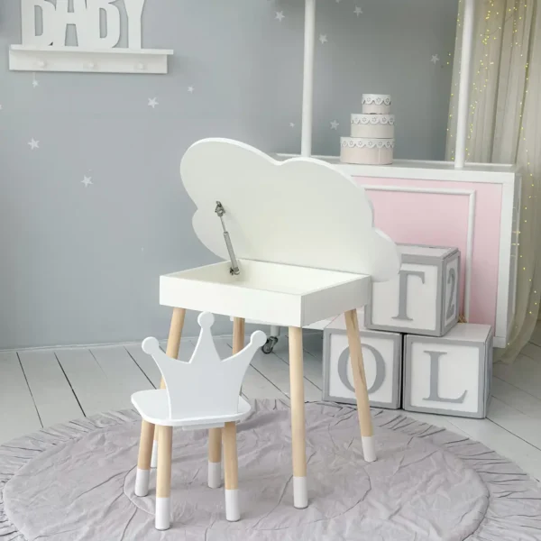 Новинка! Дитячий білий столик хмаринка з нішею і стільчик корона біла 85295(4) Білий столик хмаринка з нішею і стільчик корона біла 1