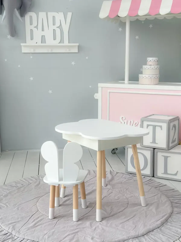 Стол хмаринка з нішею та стілець метелик білі 2