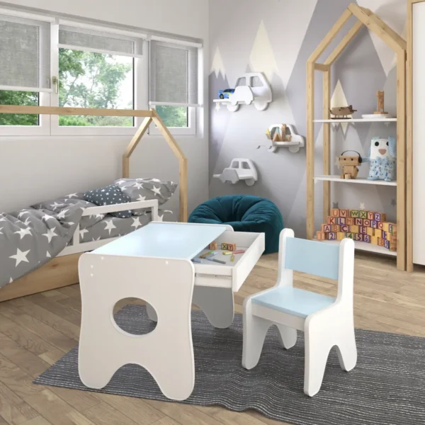 Набір дитячих меблів столик з ящиком та стільчик 70×45×51, стіл та стілець для дітей, білий з блакитним 5