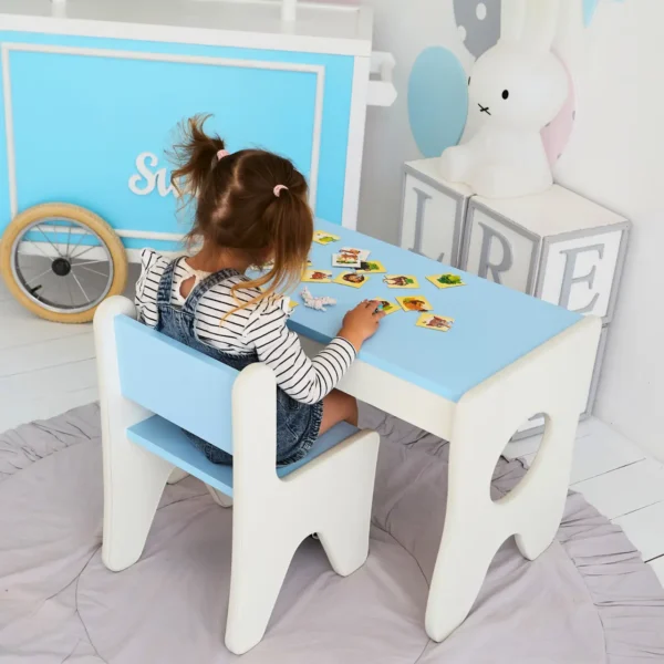 Набір дитячих меблів столик з ящиком та стільчик 70×45×51, стіл та стілець для дітей, білий з блакитним 3 Набір дитячих меблів столик з ящиком та стільчик 70×45×51, стіл та стілець для дітей, білий з блакитним 3