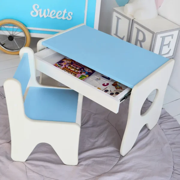Набір дитячих меблів столик з ящиком та стільчик 70×45×51, стіл та стілець для дітей, білий з блакитним 2 Набір дитячих меблів столик з ящиком та стільчик 70×45×51, стіл та стілець для дітей, білий з блакитним 2