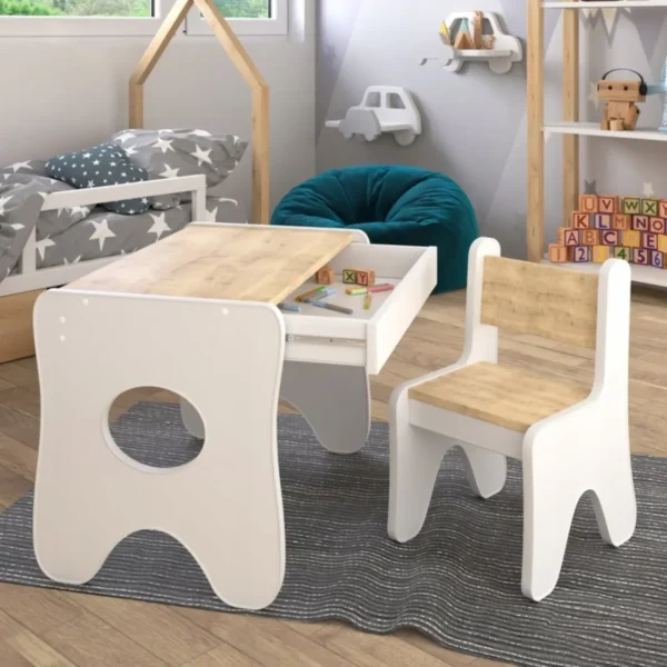 Набір дитячих меблів столик з ящиком та стільчик 70×45×51, стіл та стілець для дітей, білий з деревом Набір дитячих меблів столик з ящиком та стільчик 70×45×51, стіл та стілець для дітей, білий з деревом