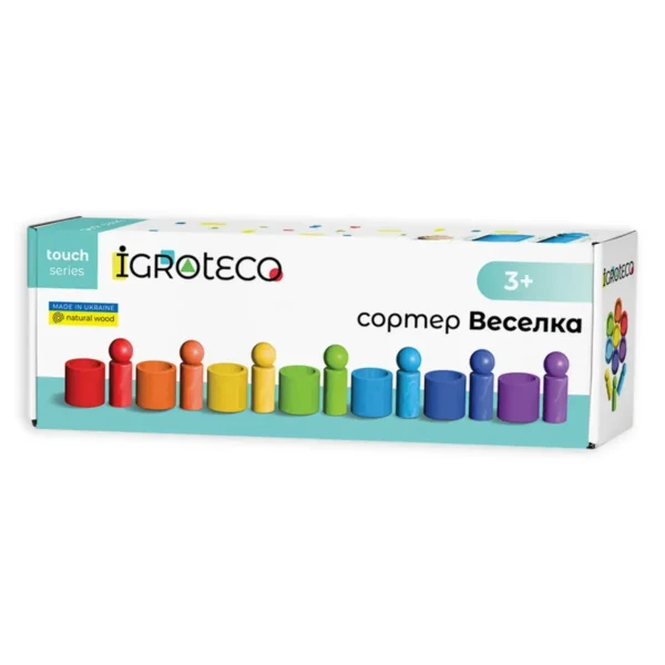 derevianyi-sorter-iz-cholovichkamy-veselka-24014395505446 Дерев'яний сортер "Веселка" — це набір стаканчиків та фігурок чоловічків у яскравих райдужних кольорах.