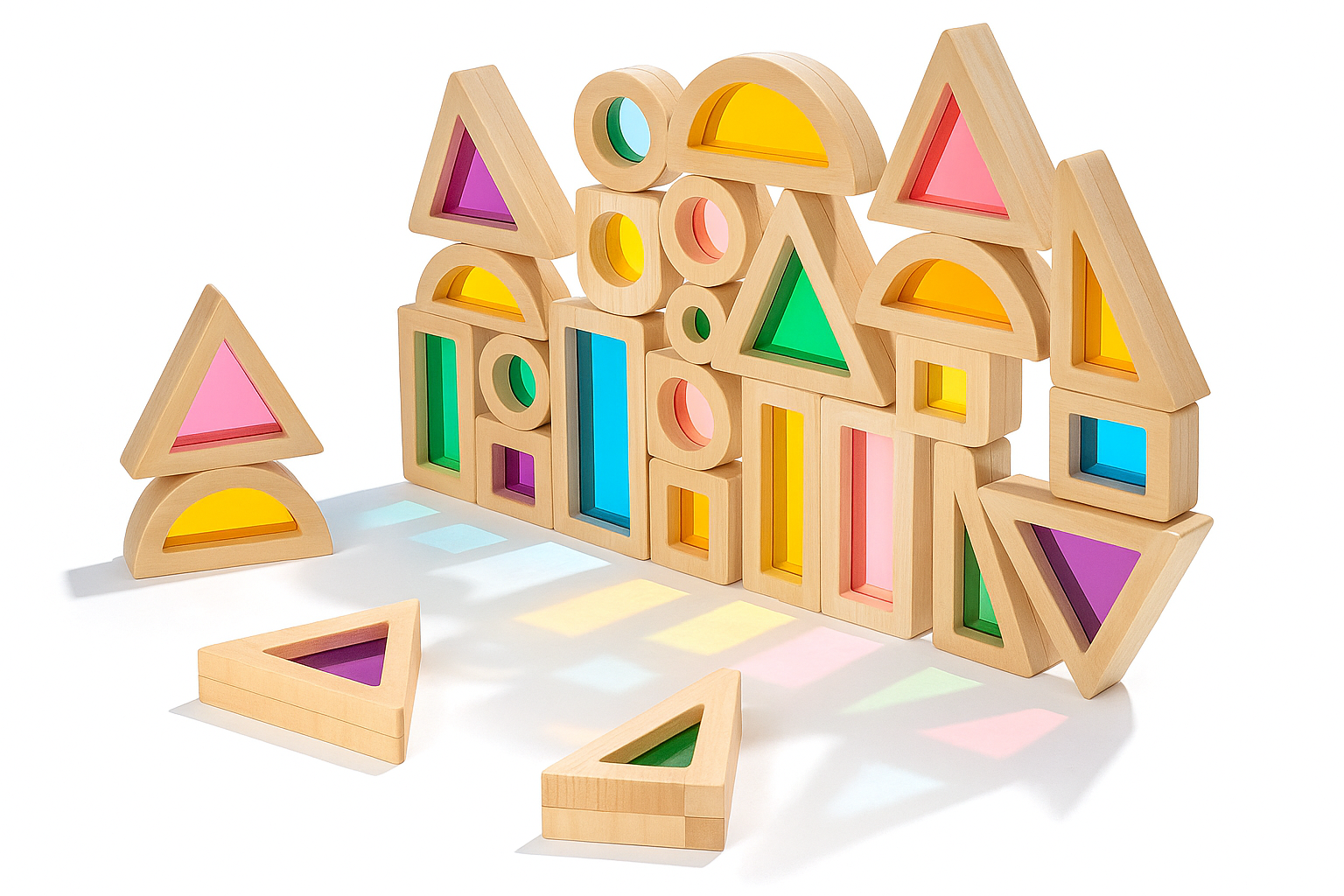 Дерев’яний конструктор “Світло і тіні” – набір із 24 кольорових блоків із прозорими вставками. 2