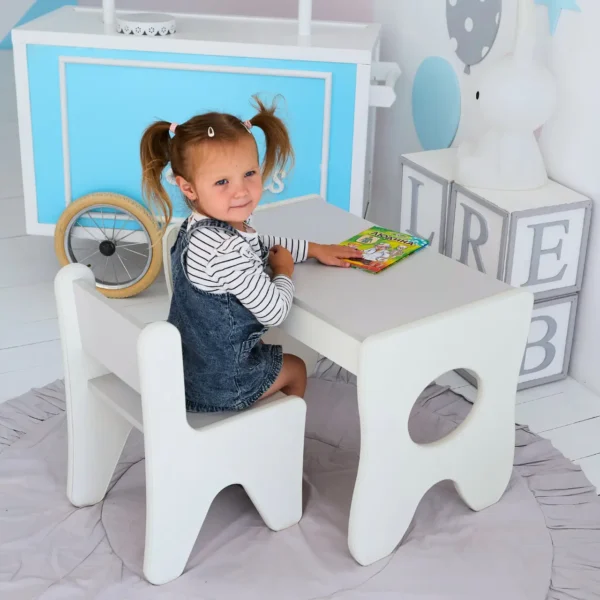 Набір дитячих меблів столик з ящиком та стільчик 70×45×51, стіл та стілець для дітей, білий з сірим 4 Набір дитячих меблів столик з ящиком та стільчик 70×45×51, стіл та стілець для дітей, білий з сірим 4