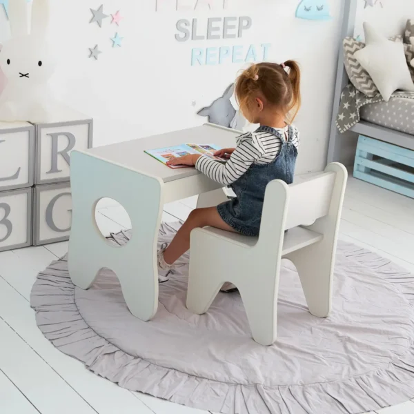 Набір дитячих меблів столик з ящиком та стільчик 70×45×51, стіл та стілець для дітей, білий з сірим 6 Набір дитячих меблів столик з ящиком та стільчик 70×45×51, стіл та стілець для дітей, білий з сірим 6