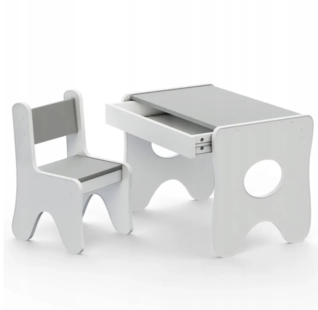 Набір дитячих меблів столик з ящиком та стільчик 70×45×51, стіл та стілець для дітей, білий з сірим2
