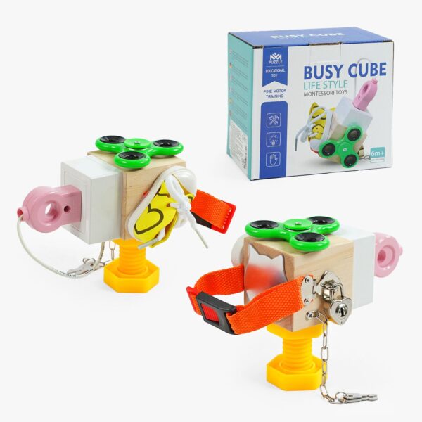 Бізіборд-куб - дерев’яна розвивальна іграшка для малюків. 6 інтерактивних ігр. Доставка по Україні. Чудовий подарунок малюкам від 10 місяців.