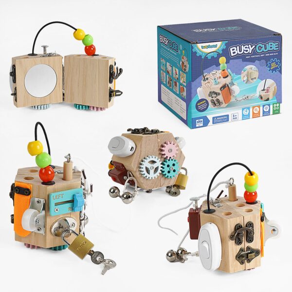 Бізіборд-куб із замочками, шестернями та шнурівкою - 10 інтерактивних ігр