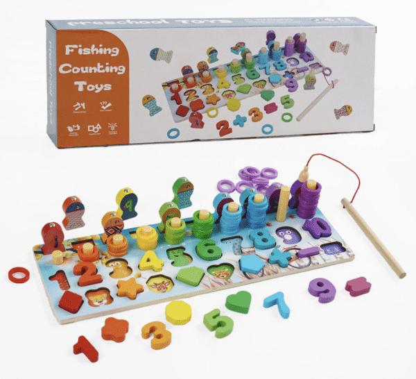 Логічна дерев’яна дошка 5 в 1 : магнітна риболовля, кілочки з кільцями, сортер, цифри англійською, фігури, в коробці