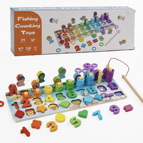 Логічна дерев’яна дошка 5 в 1 : магнітна риболовля, кілочки з кільцями, сортер, цифри англійською, фігури, в коробці