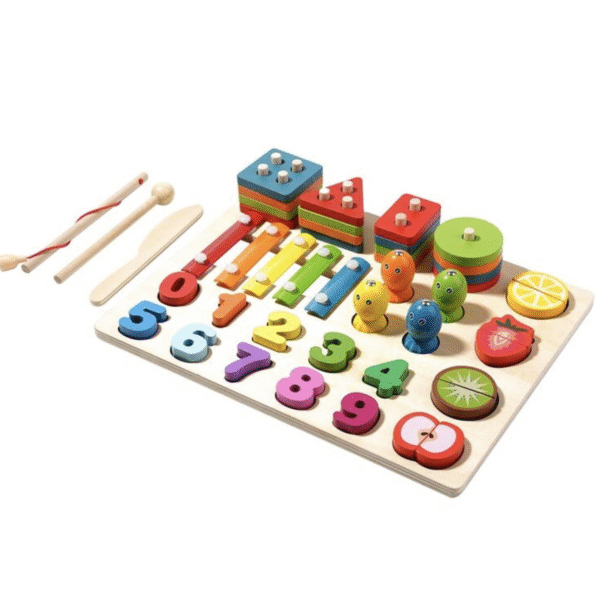 Логічна дерев’яна дошка 5 в 1 ксилофон, продукти на липучках, магнітна риболовля, кілочки, сортер з цифрами, в коробці