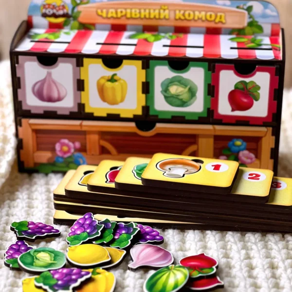Дитяча розвиваюча гра Комодик - Рахунок -1 (перець, буряк, часник, капуста, лимон, виноград, арбуз і гриб) + 7 плашок для рахунку (Дерев'яний сортер) 2