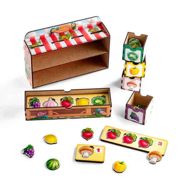 Дитяча розвиваюча гра Комодик - Рахунок -1 (перець, буряк, часник, капуста, лимон, виноград, арбуз і гриб) + 7 плашок для рахунку (Дерев'яний сортер)