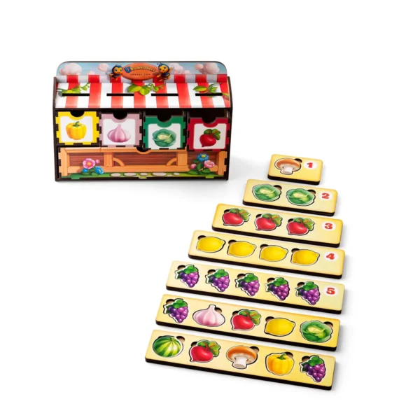 Дитяча розвиваюча гра Комодик - Рахунок -1 (перець, буряк, часник, капуста, лимон, виноград, арбуз і гриб) + 7 плашок для рахунку (Дерев'яний сортер) 1